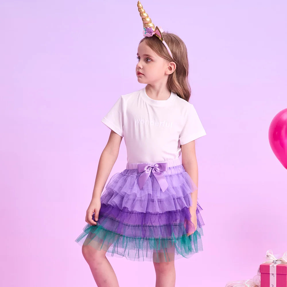 VIKITA Kids Mesh Tulle Layered Cake Tutu Skirt with Bow Knot Girls Mermaid Party Performance Casual Princess Mini Skirts 3-12Y