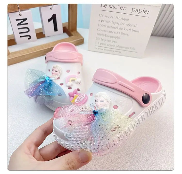 Disney Girls' Slippers Summer Princess Elsa Children's Girls Hole Shoes Summer Frozen Slippers Blue Pink Shoes Size 24-40