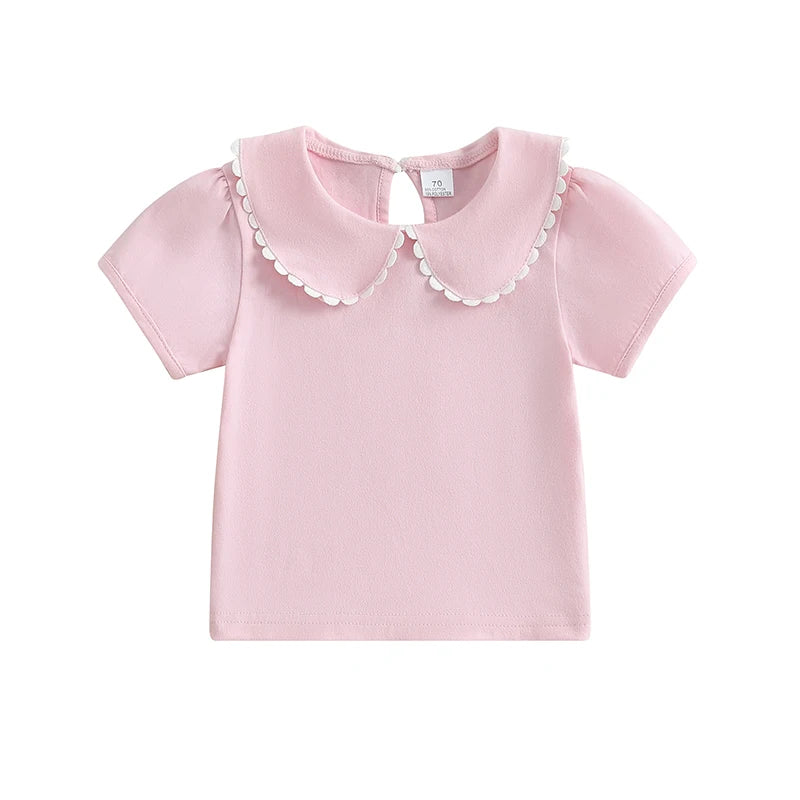 Adorable Baby Girl Summer T-Shirt with Cute Doll Collar and Stylish Contrast Color Short Sleeves for a Casual Look