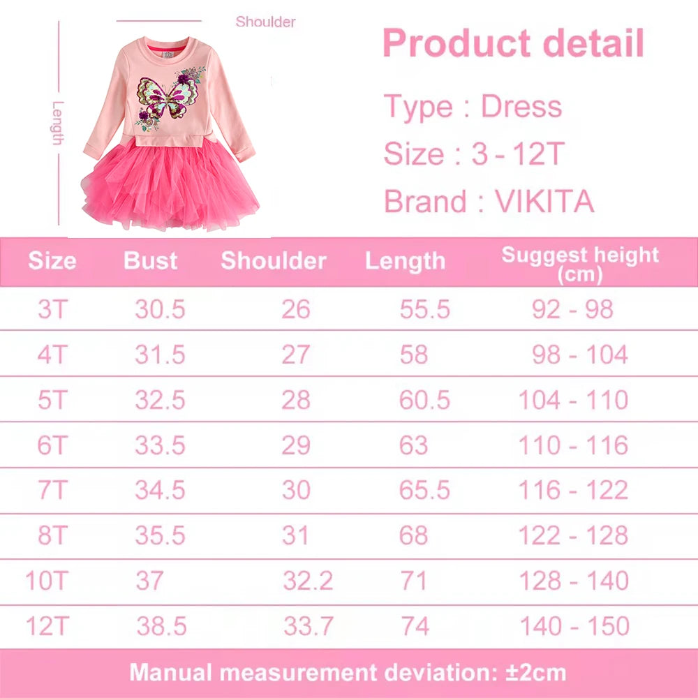 VIKITA Kids Hoodies Dress Girls Patchwork Pink Dresses Girls Sequined Butterfly Appliqued Mesh Tulle Princess Thick Tutu Dress