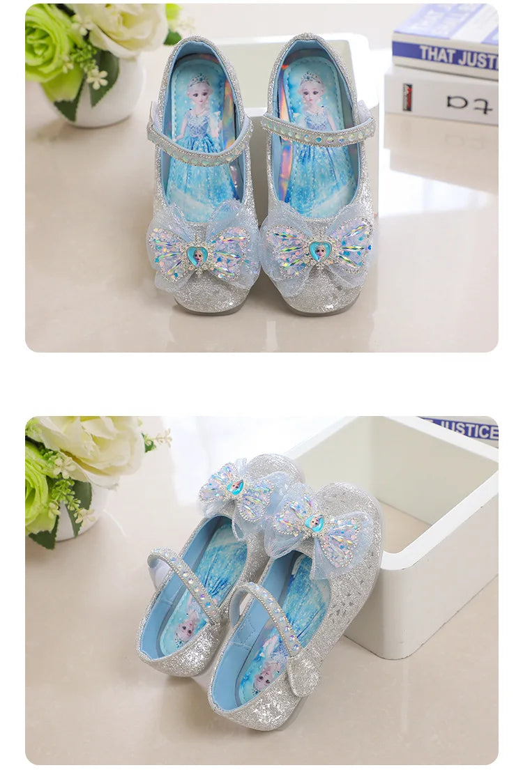 Kids'Casual Shoes Elsa Princess Frozen PU Leather Crystal Bow Spring Shoes For Girls Anti-slip Pink Blue Shoes Size 26-36