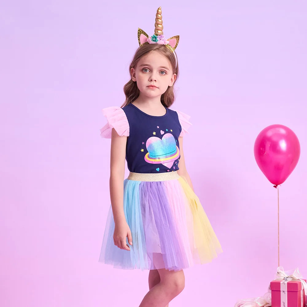 VIKITA Girls Summer Clothing Sets Kids Flare Sleeve Heart Cotton Tops Tees and Rainbow Mesh Tulle Skirts 2 Pcs Children Clothes