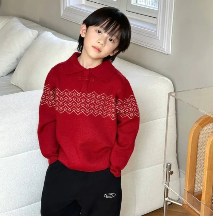 Boys' Red POLO Knit Sweater 2025 Autumn/Winter New Big Kids New Year Outfit Traditional Chinese Style Warmth Crossover Sweater