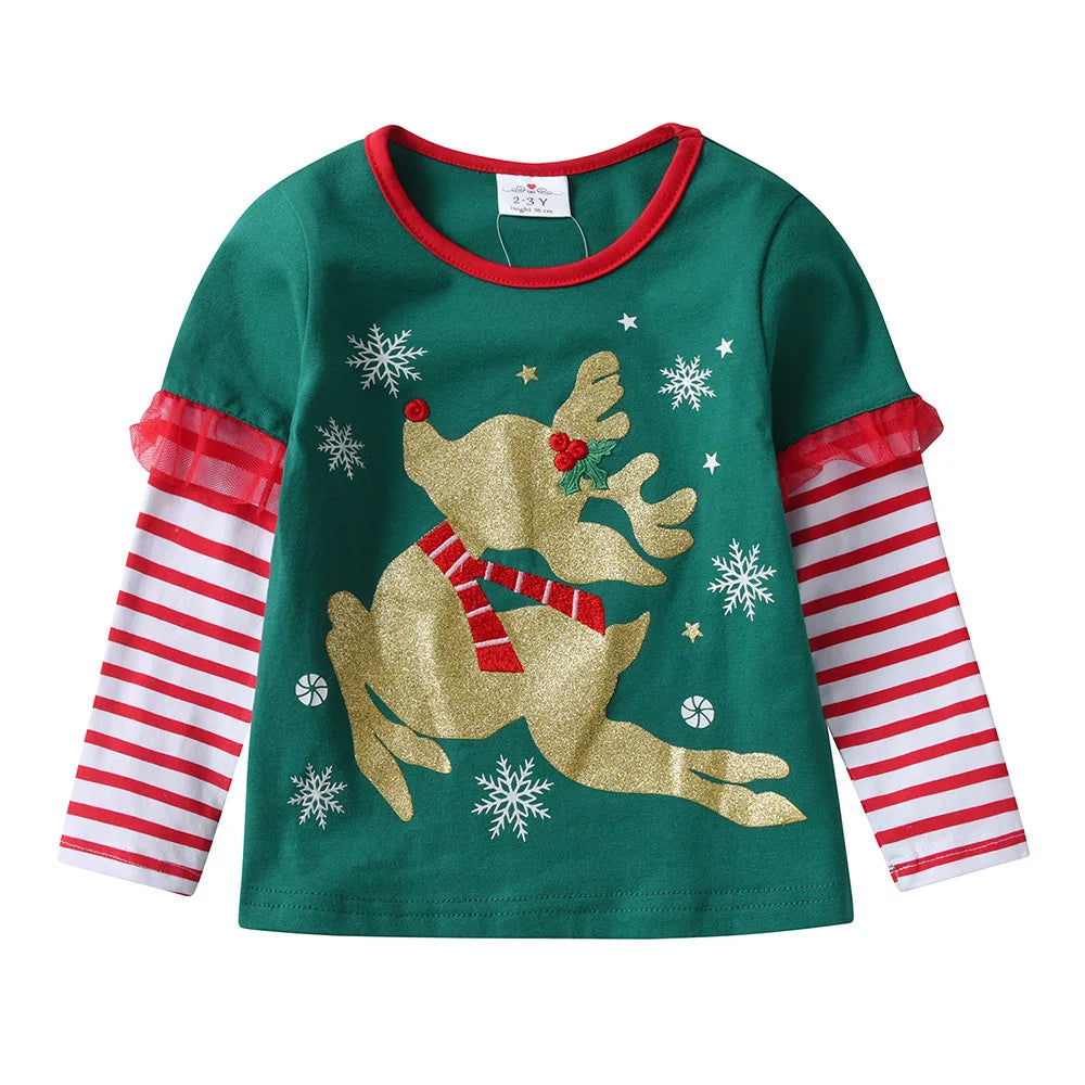 Girls Christmas Green Tops with Ruffle Sleeves Kids Reindeer Snowflake Print Soft Cotton Holiday Party Xmas Festival Tees Gift