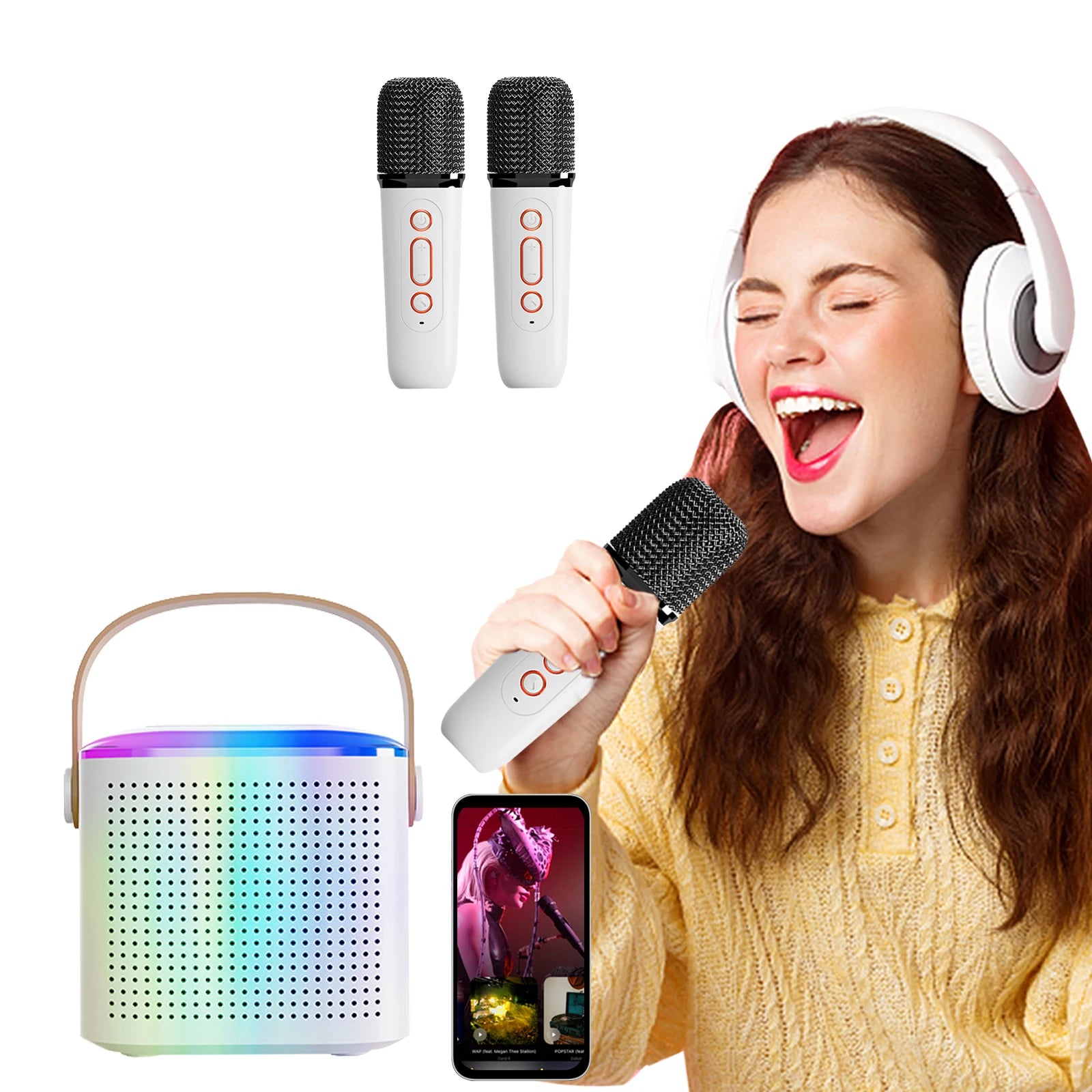 Wireless Karaoke Speaker, RGB Color Lighting, Two Microphones Rechargeable Battery, for Family Karaoke, Parties, Birthday Gifts
