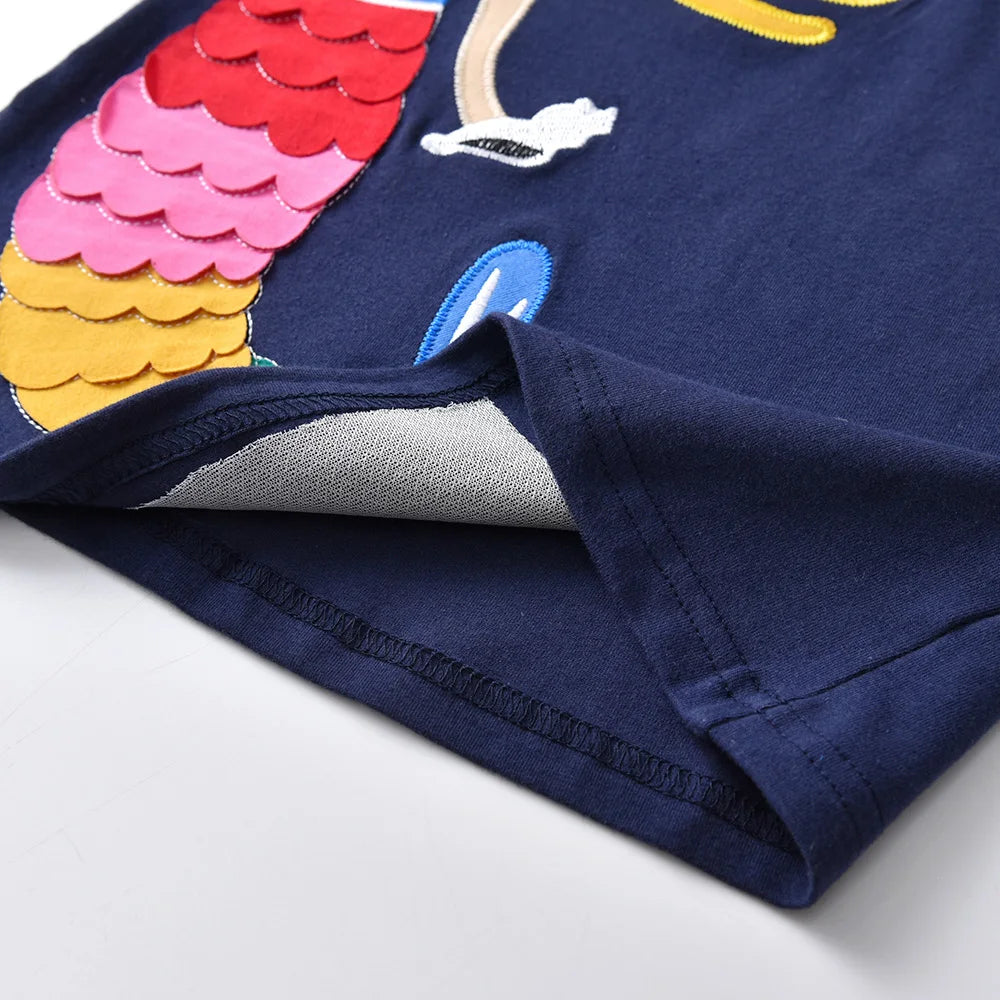 Toddlers Short Sleeve Colorful Mermaid Appliqued T Shirt Kids 100% Cotton Casual T Shirts Girls Beach Vacation Summer Tops Wear