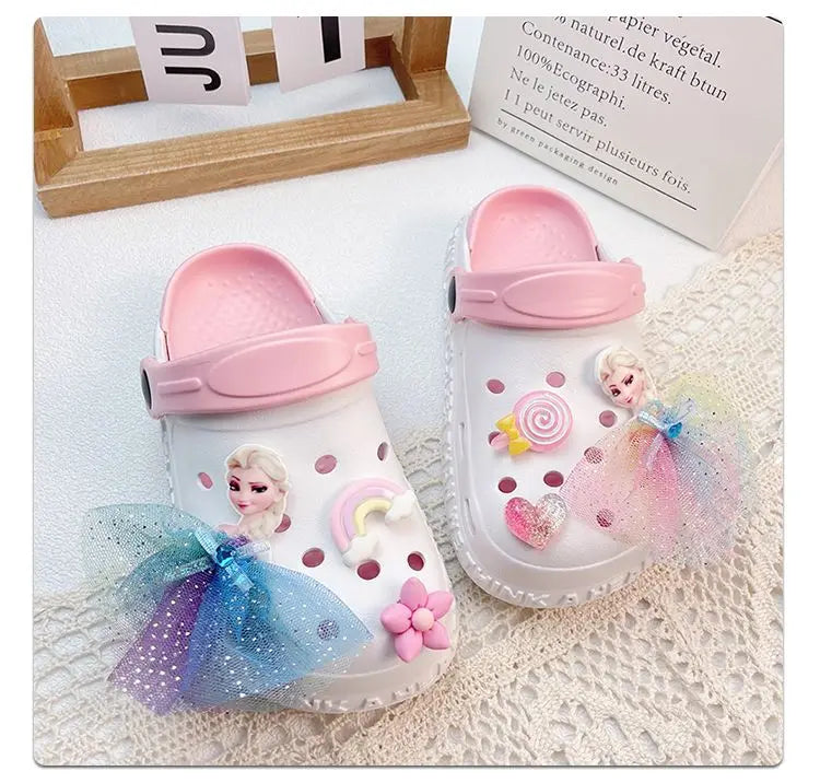 Disney Girls' Slippers Summer Princess Elsa Children's Girls Hole Shoes Summer Frozen Slippers Blue Pink Shoes Size 24-40