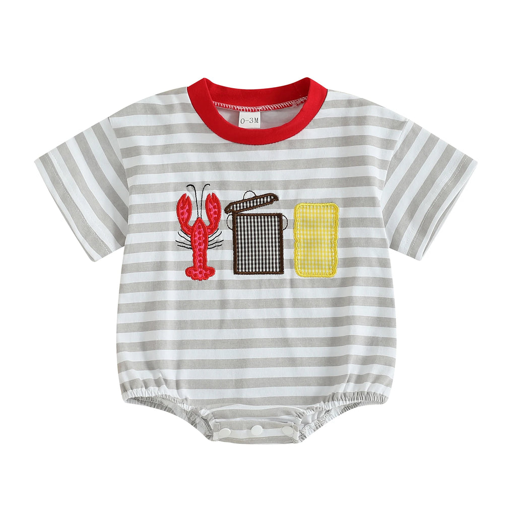 Toddler Boy Casual Striped Romper with Short Sleeves and Cute Lobster Embroidery Round Neck Summer Jumpsuit for Baby Boys