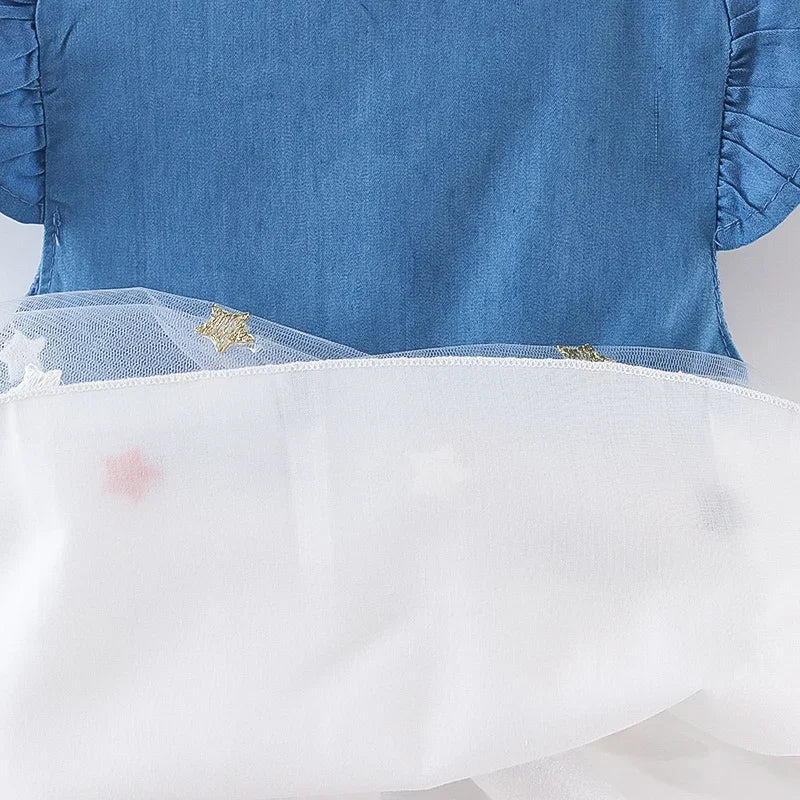 (Girls 0-3 Years Old)New Summer Girls Dress Small Flying Sleeve Bow Cowboy Work Pompous Past Polka Dot Color Sweet Princess Dres