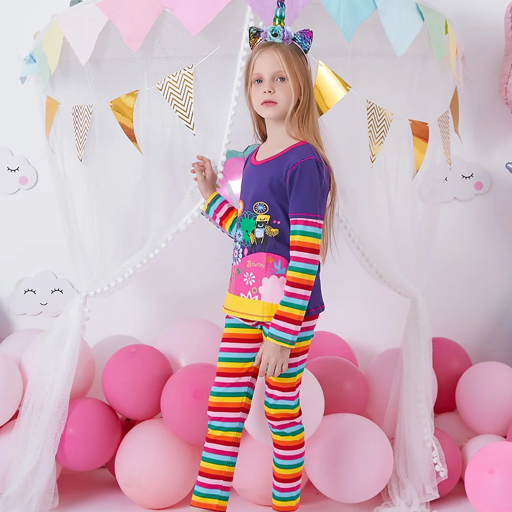 VIKITA Girls Clothing Sets Kids Floral Print Long Sleeve Cotton Rainbow Striped T Shirt and Leggings 2 Pcs Home Wear Clothes Set