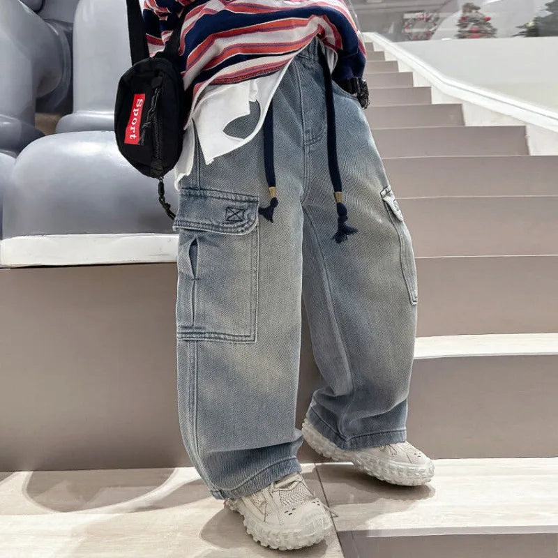 2025 Spring Autumn New Boys Loose Straight Jeans Lightweight Casual Pants for Tween Boys - Premium Denim Straight Leg Long Pants