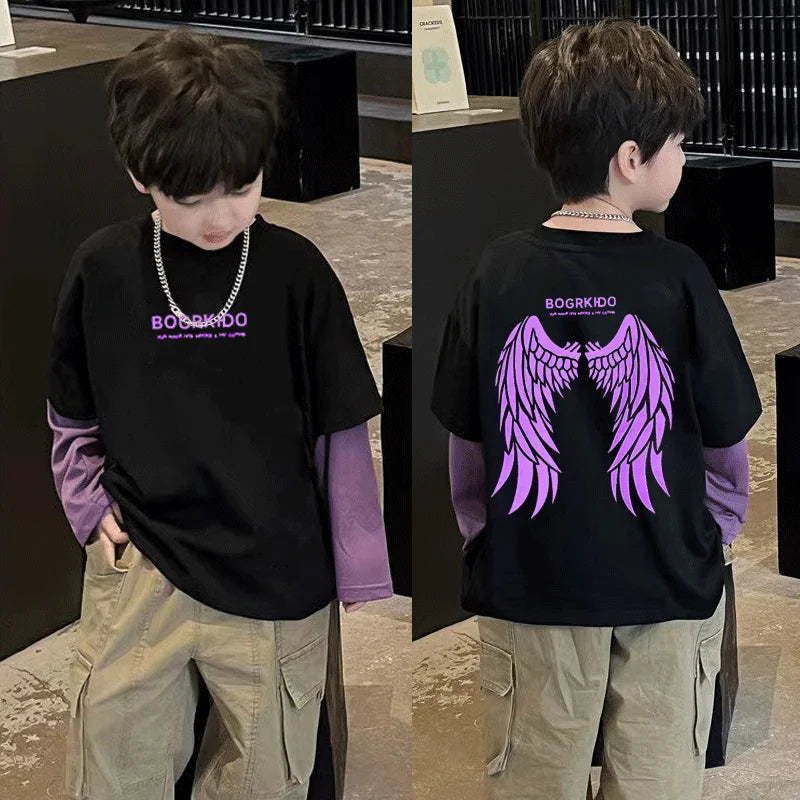 False Two Piece Spring and Autumn Children's Clothing From 8 To 12 Years Boy Child T Shirt Kids Clothes Boys 7 Year Old Wear 10