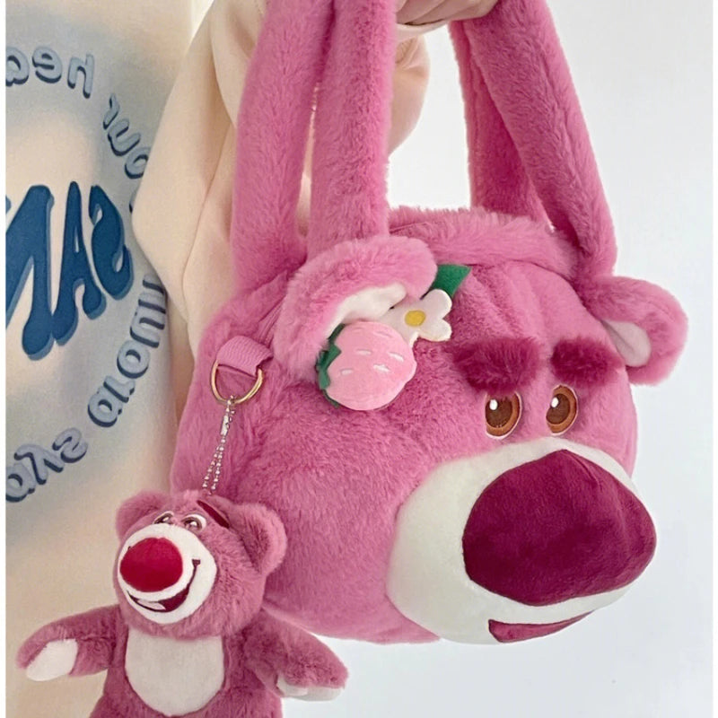 Disney Strawberry Bear New Girl Plush Shoulder Messenger Bag Cartoon Cute Girl Handbag Fashion Trend Plush Girl Bag High Quality
