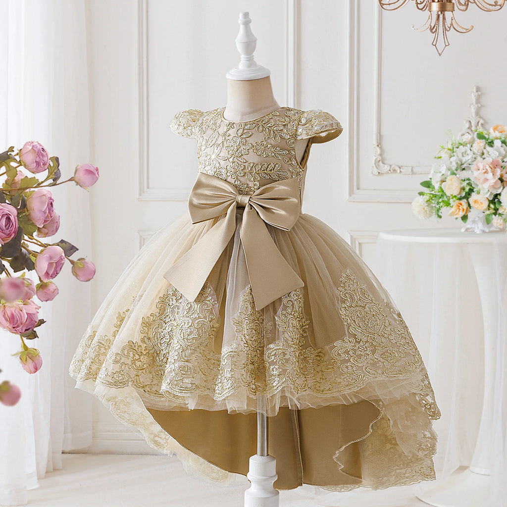 Elegant Embroidery Bow Bridesmaid Party Girls Dress Trailing Flower Wedding Birthday Princess Dresses Girl Evening Prom Vestidos