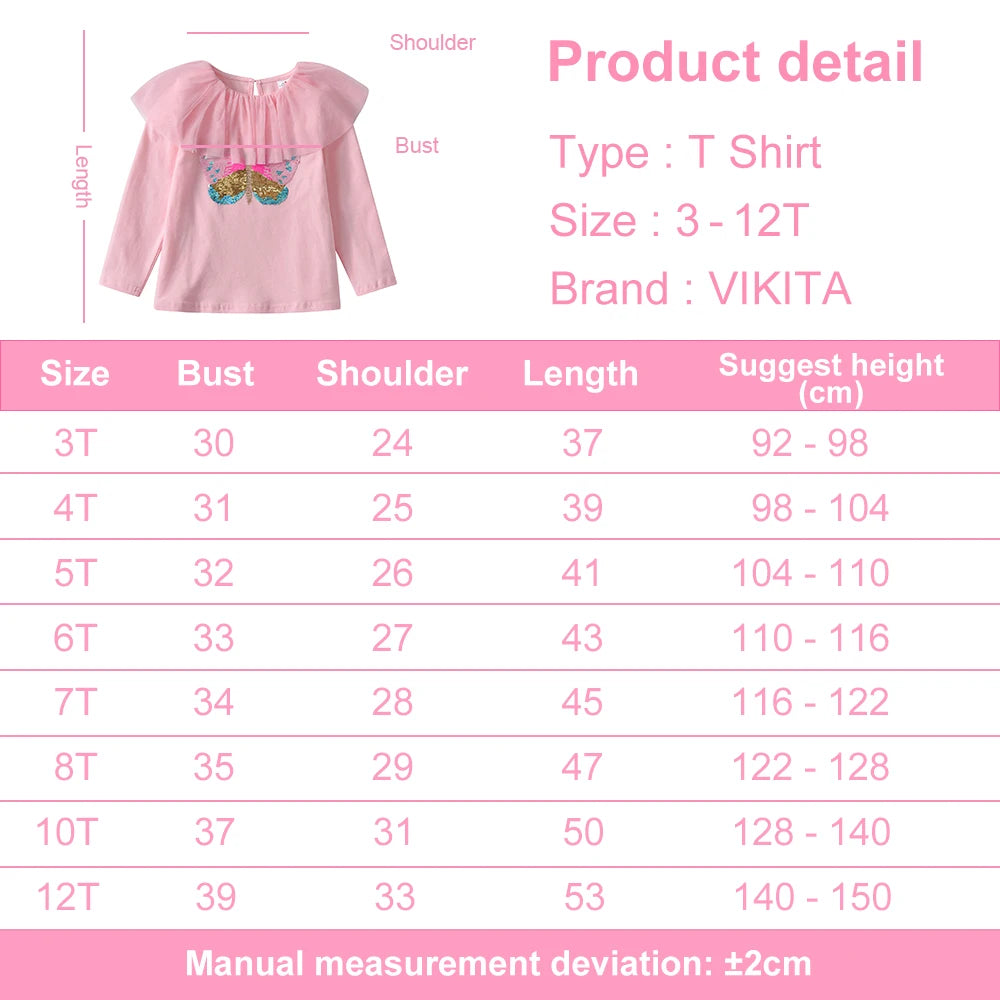 VIKITA Kids Long Sleeve Cotton Casual Pink T Shirt Girls Butterfly Sequined Appliqued Fairy Elf Cute Tops and Tees Kids Clothes
