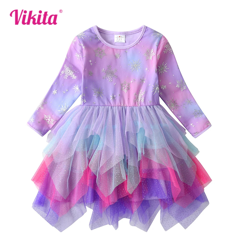 VIKITA Winter Princess Dress 2024 Long Sleeve Kids Birthday Party Prom Dress For Girls Irregular Layer Mesh Children Tutu Dress