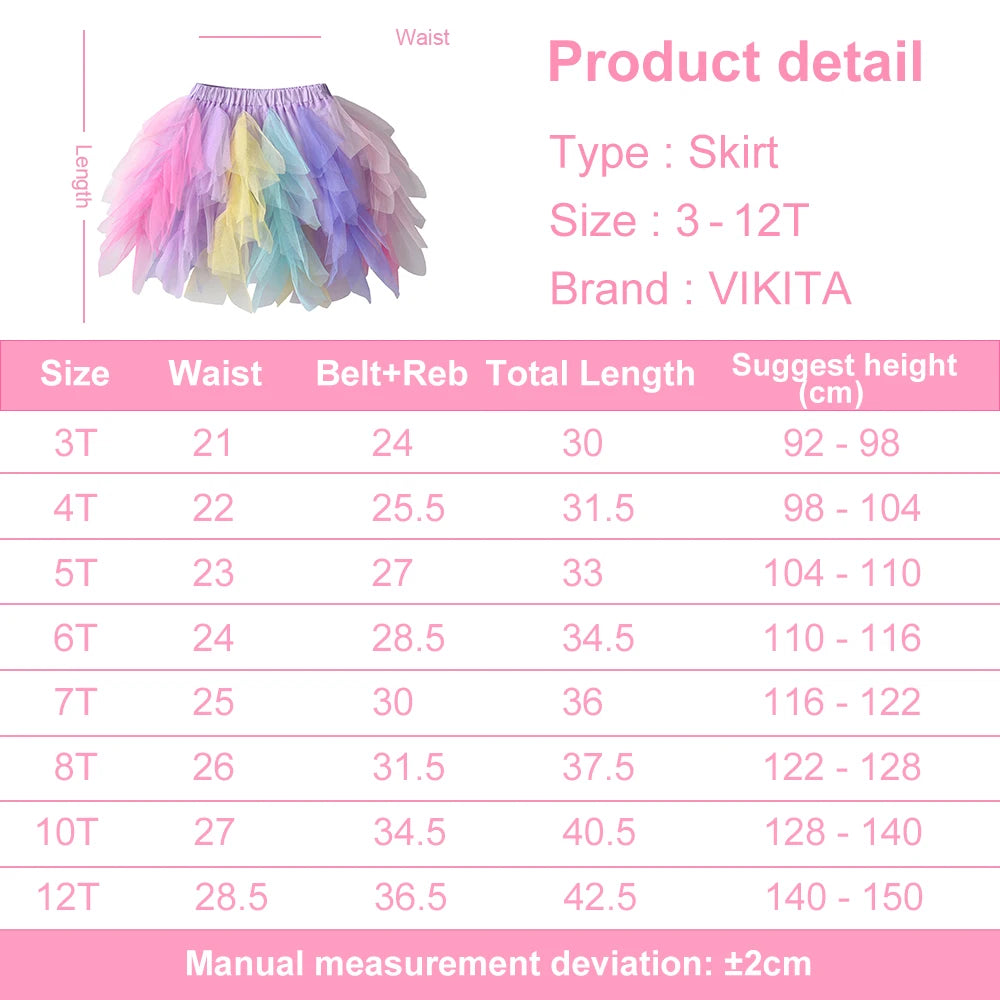 VIKITA Girls Rainbow Multicolor Tutu Skirt Kids Colorful Tulle Ballet Dance Princess Party Layered Mini Skirt 3-10Y Cute Outfit