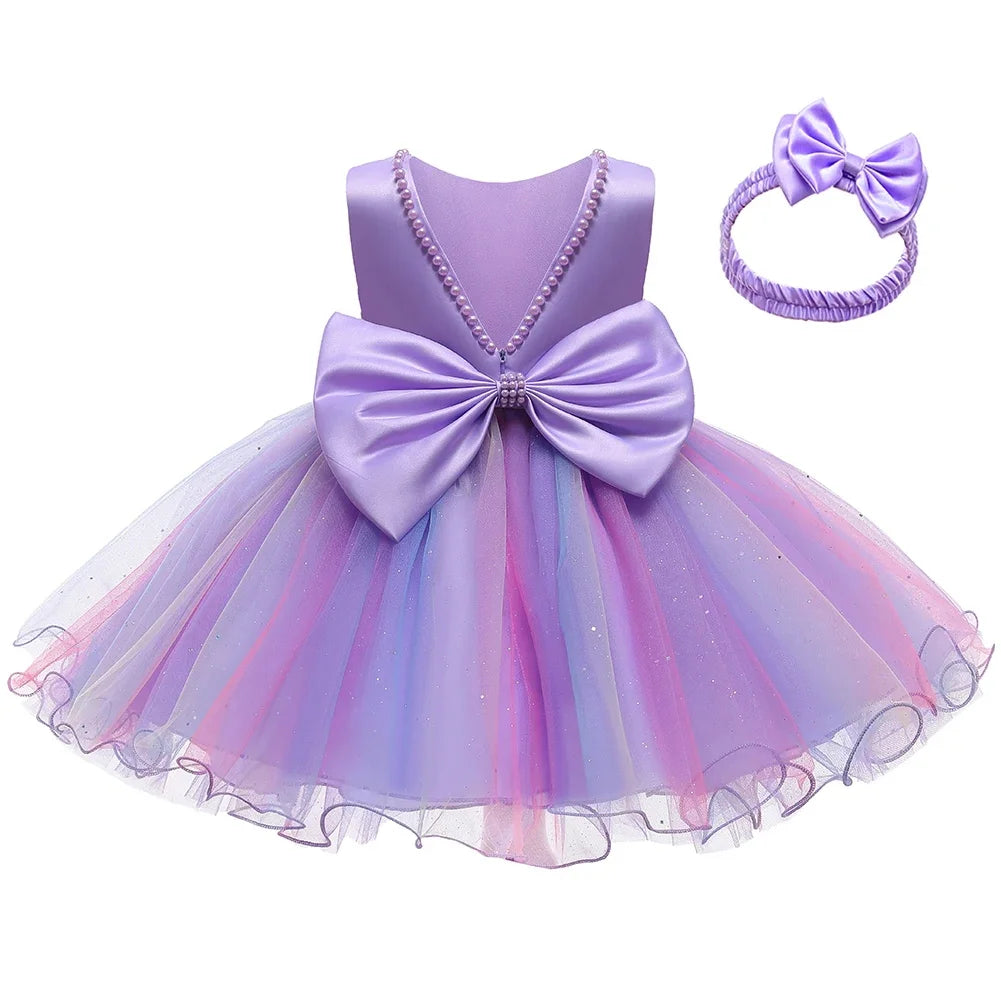 Infant Baby Tulle Backless Pageant Wedding Party Flower Girls Big Bow Dress With Headwear For Toddler Baptism Birthday Prom Gown