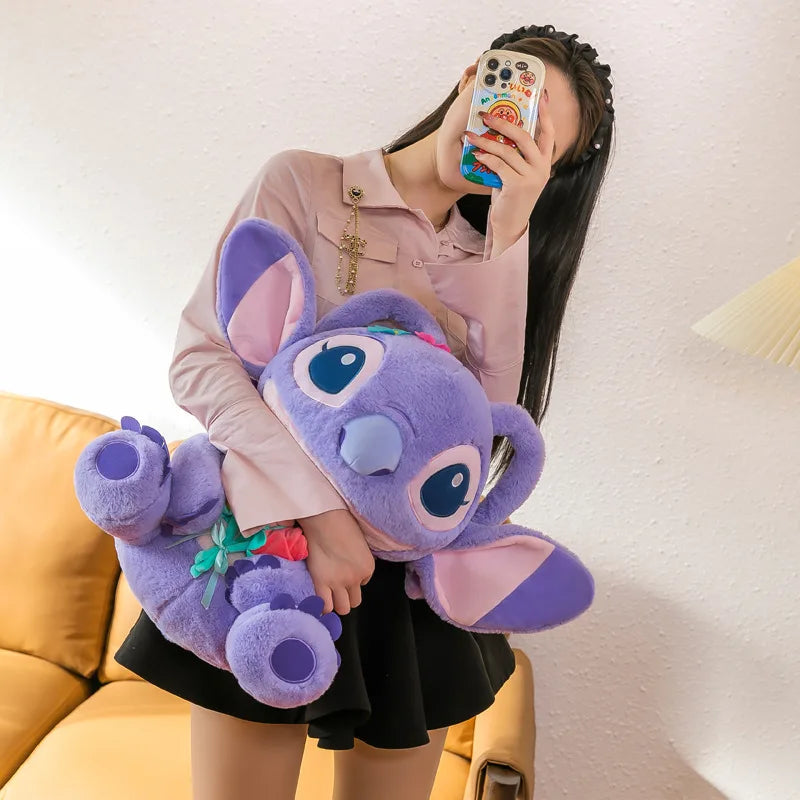 Disney Purple Embracing Flower Stitch Doll Cartoon Cute Stitch Plush Toy Room Decoration Kawaii Cartoon Pillow Kid Birthday Gift