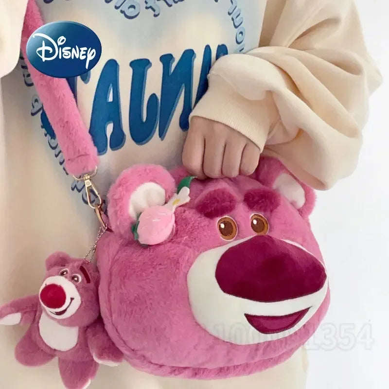 Disney Strawberry Bear New Girl Plush Shoulder Messenger Bag Cartoon Cute Girl Handbag Fashion Trend Plush Girl Bag High Quality