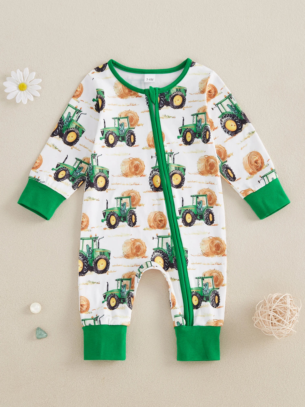 Toddler Unisex Autumn Coverall with Cute Farm Vehicle Pattern Easy Zip Closure and Cozy Crew Neck for All-Day Play
