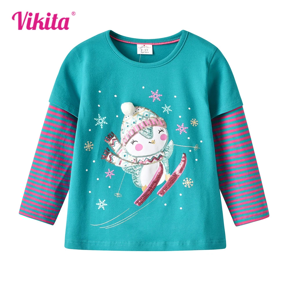 VIKITA Girls New Year Christmas Xmas Striped T Shirts Toddlers Snowman Snowflakes Cartoon Appliqued Cotton Casual Tops Tees Gift