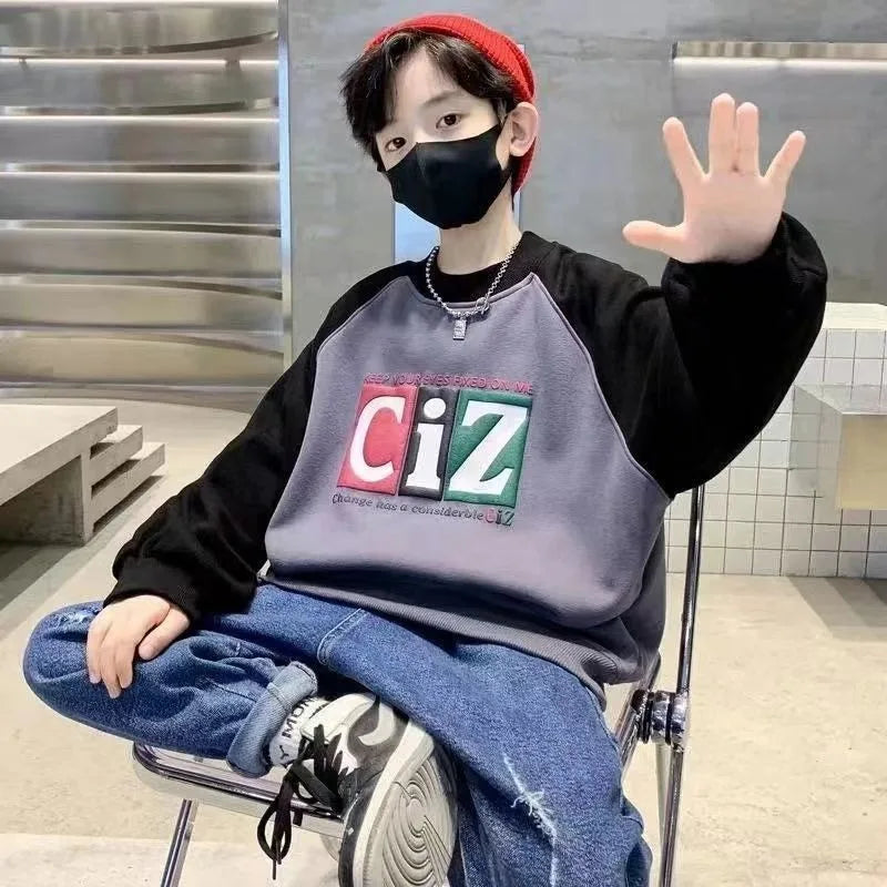 Boys' Medium-Large 2025 New Arrival No Hood Street-Style Korean Trendy Layering Top Kids Sweatshirt for Spring/Autumn