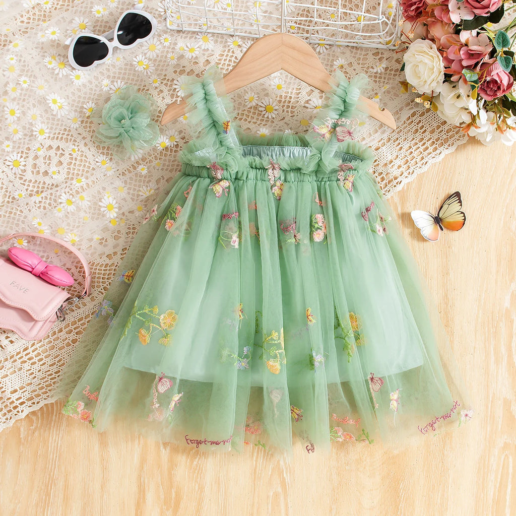 Summer New Green Chiffon Baby Girl Princess Dress, Sweet Flower Embroidery Children'S Sling Clothes For Babies Aged 0-5 Years