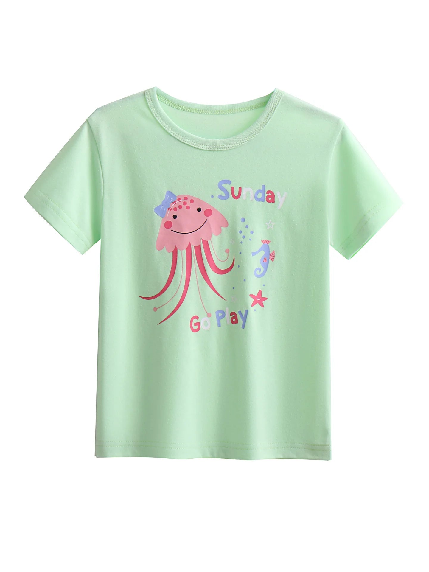 2025 Summer 2 3 4 6 8 10 Years Children Cotton Cartoon Star Bird Cat Rabbit Animal Print Short-Sleeve T-Shirt For Kids Baby Girl