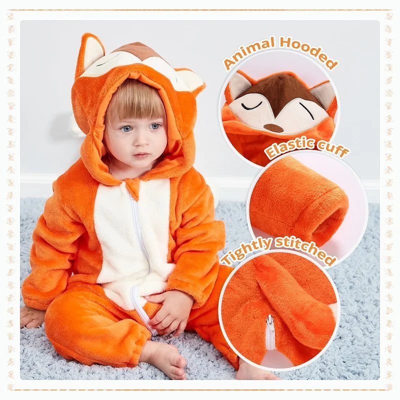 MICHLEY Halloween Costume Infant Baby Clothes Rompers Winter Flannel Hooded Bodysuits Pajamas Animals Overall Jumpsuit For Bebe