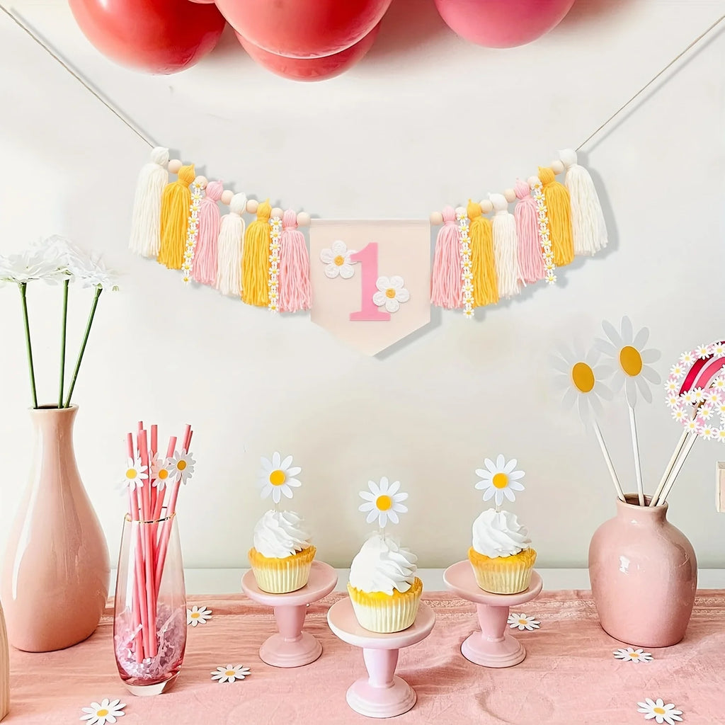 Daisy 1st Happy Birthday Banner Highchair Banner Tassels for Girl&Boy Birthday Party Decoration Baby Birthday Photo Props