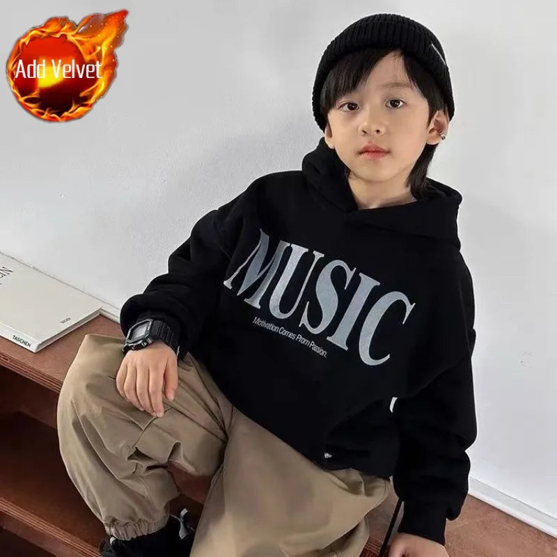 2025 New Boys' Kids' Autumn Winter Printed Fleece-Lined Thickened Hooded Hoodie - Stylish Trendy Top