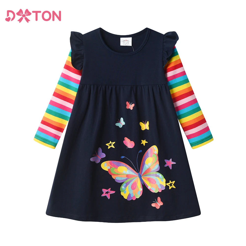 DXTON Children's Daily Dresses Cotton Toddler Casual Clothing Rainbow Long Sleeve Kids Dress Butterfly Vacation Girls Dress Wear