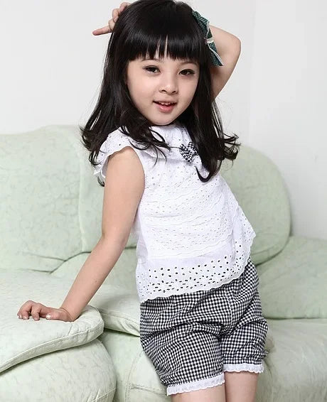 Summer 2/piece Set for Girls Top and Pants Baby Girl Lace Sleeveless Top Plaid Shorts Children's Clothing Set