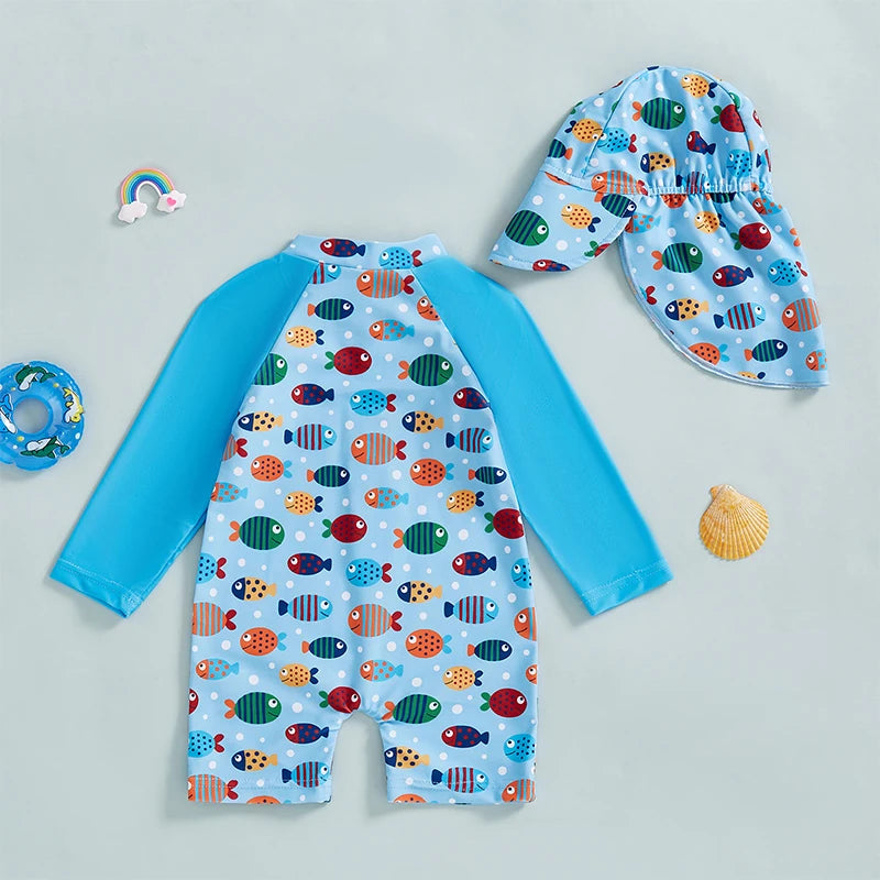 Toddler Boy UV Protection Swimsuit Set with Fish Print Long Sleeve Rash Guard Half Zipper and Sunhat for Sun Safety