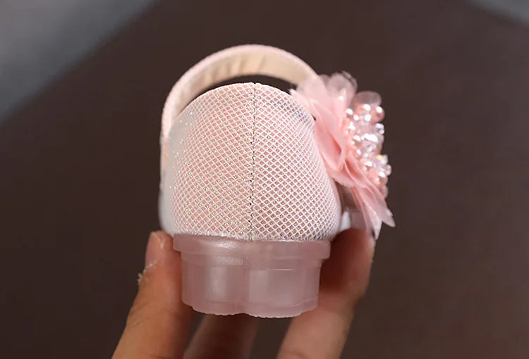Korean Style Fashion Kids Beaded Little Flowers Leather Shoes Girls Princess Shoes Children Crystal Soft Bottom Dancing Shoes