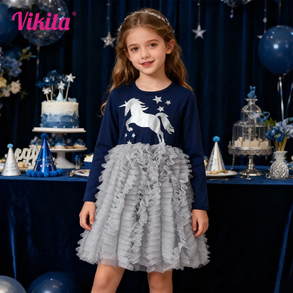 VIKITA Girls Teenagers Licorne Print Cartoon Glittery Dress Kids Navy Blue Grey Tiered Tulle Layered Tutu Princess Dresses 3-8Y