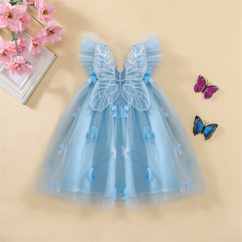 Elegant Baby Girl Lace Dress Sleeveless Square Neck Bow Tulle Princess Dress Toddler Party Dress with Angel Wings