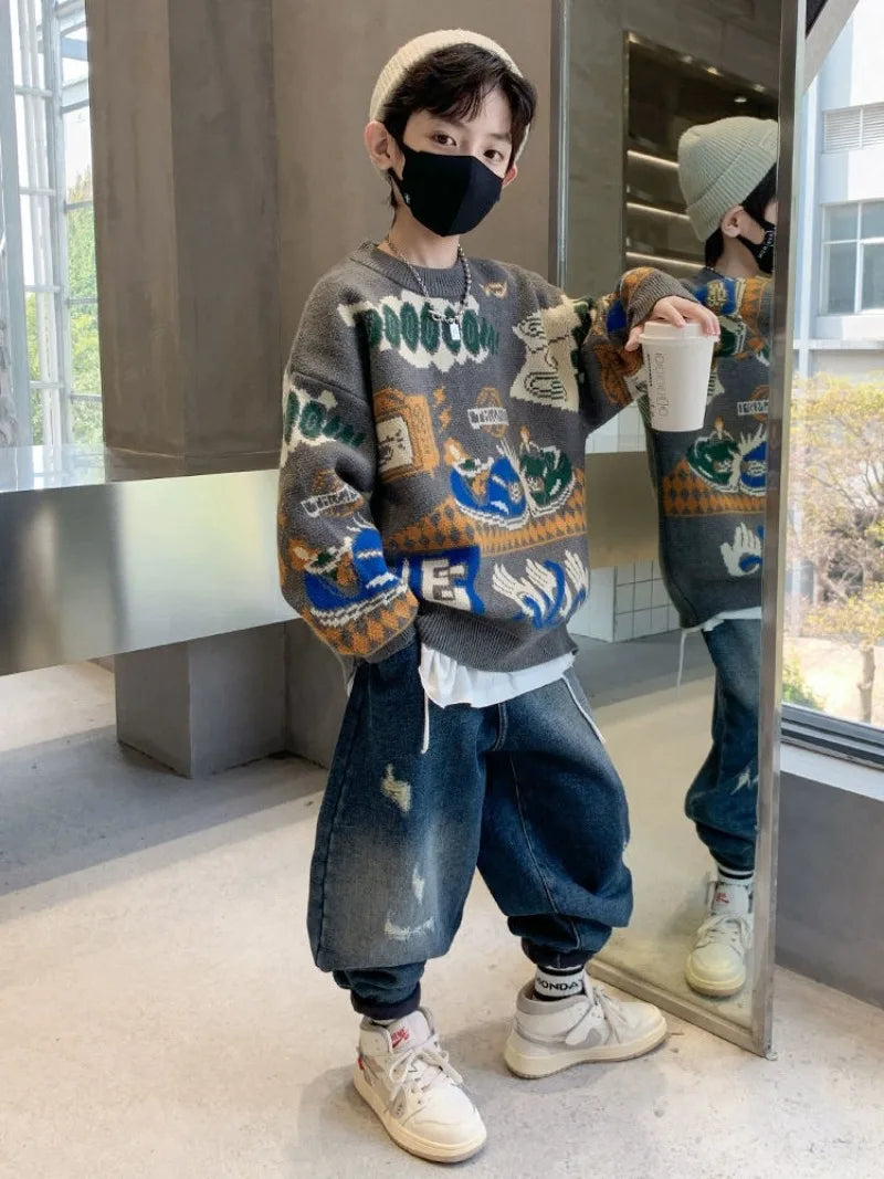 2025 New Boys' Autumn/Winter Fleece-Lined Thickened Pullover Knit Sweater - Warm Base Layer for Kids, Trendy & Cozy Design