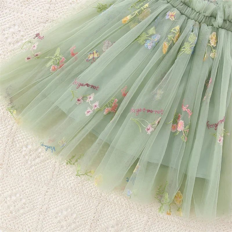 Summer New Green Chiffon Baby Girl Princess Dress, Sweet Flower Embroidery Children'S Sling Clothes For Babies Aged 0-5 Years