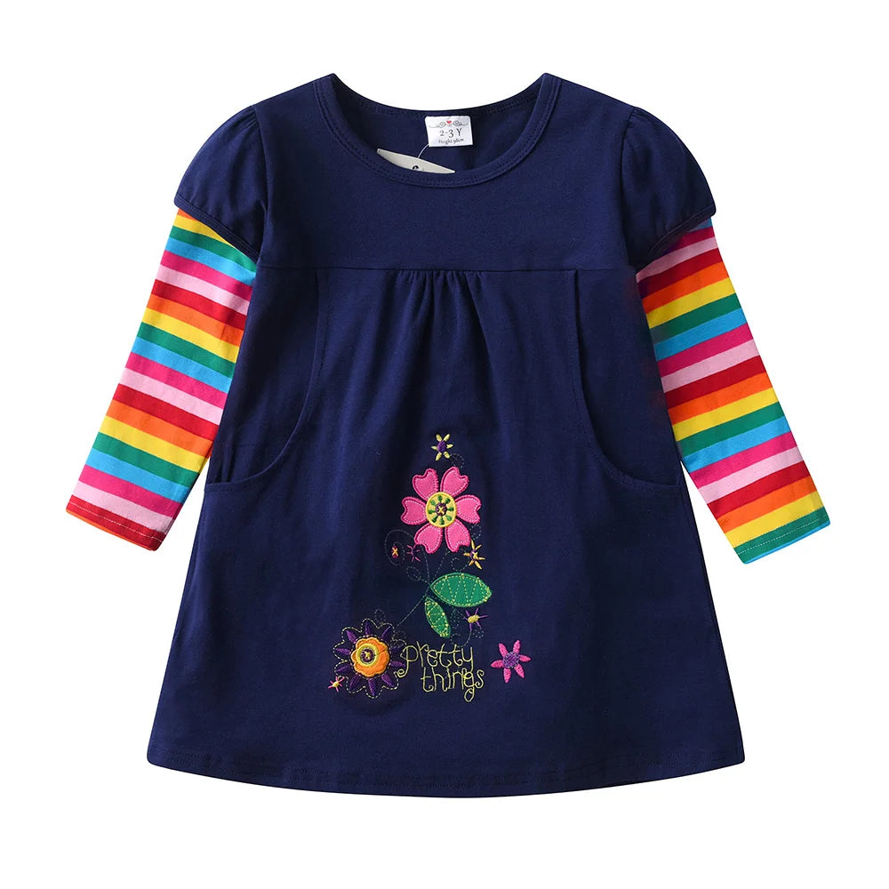 VIKITA Girls Flower Print Dress Kids Autumn Spring Long Dress with Pockets Girls Rainbow Striped Cotton Casaul Straight Dresses