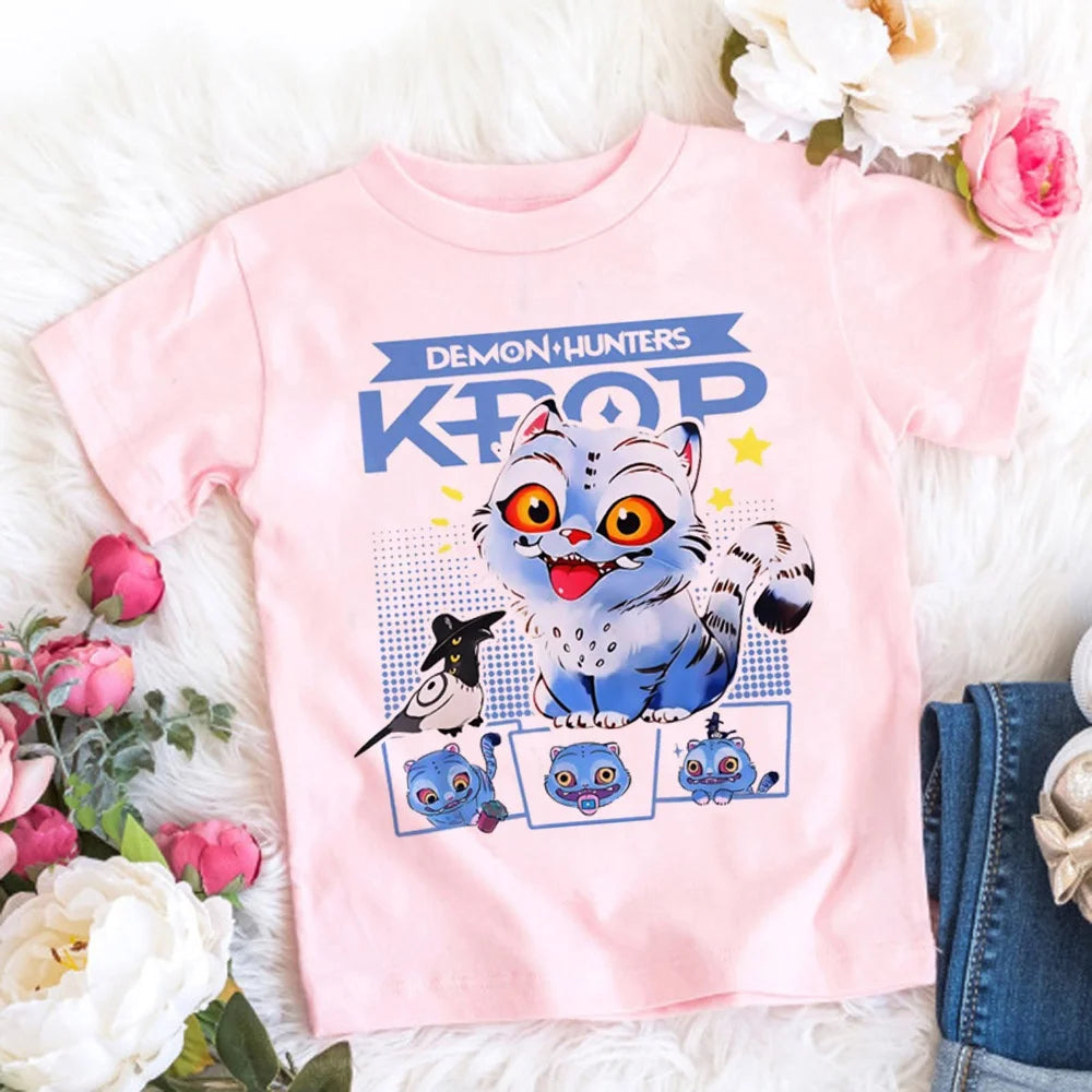2025 New KPop Demon Hunters Child Short Sleeve T-shirt Anime Character Print Tees Boys Girls Summer Casual Tops Birthday Gift