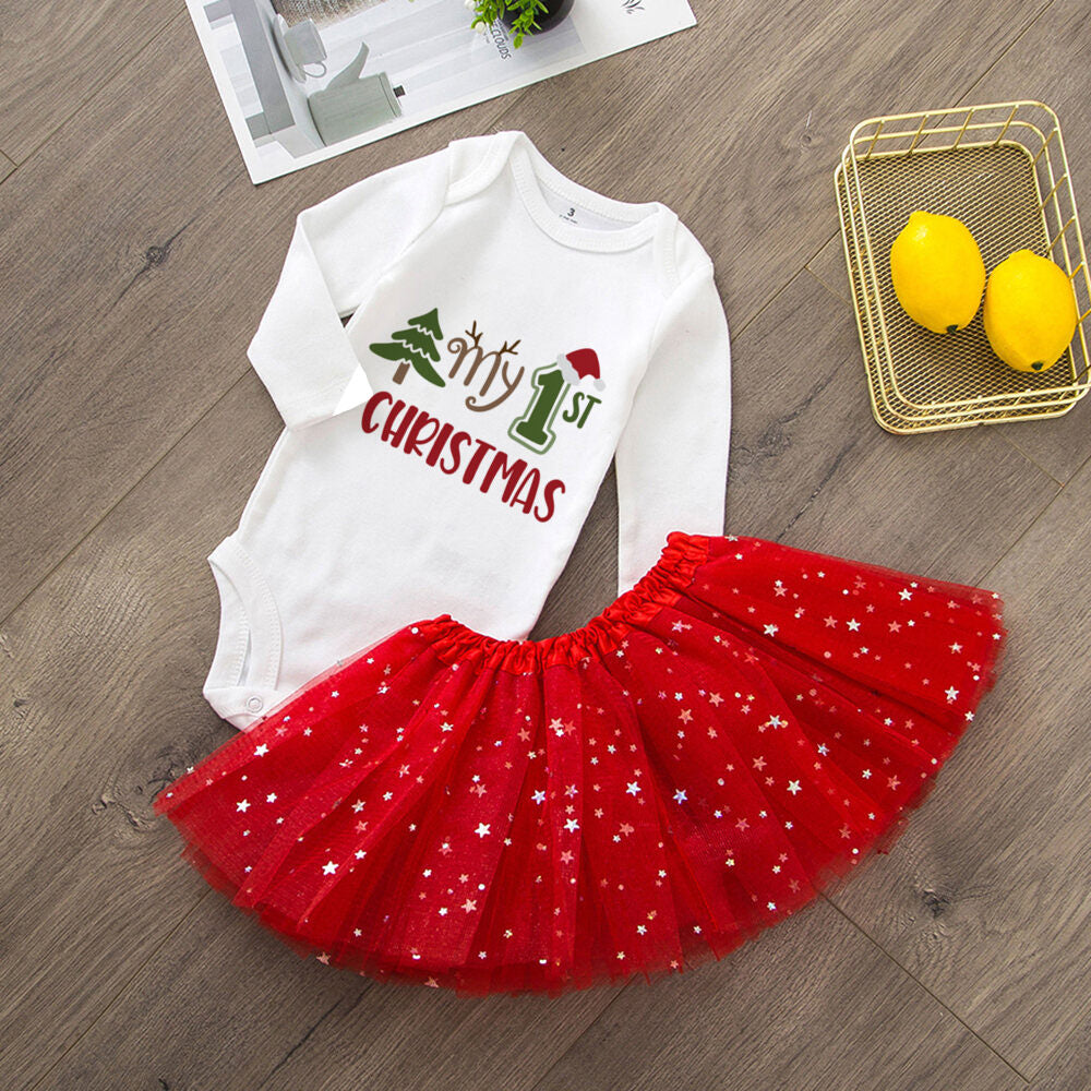 My 1St Christmas Baby Bodysuit Cake Dresses Set Infant Girls Long Sleeve Playsuit Tutu Skirts Clothes Toddler Xmas Party Outfits