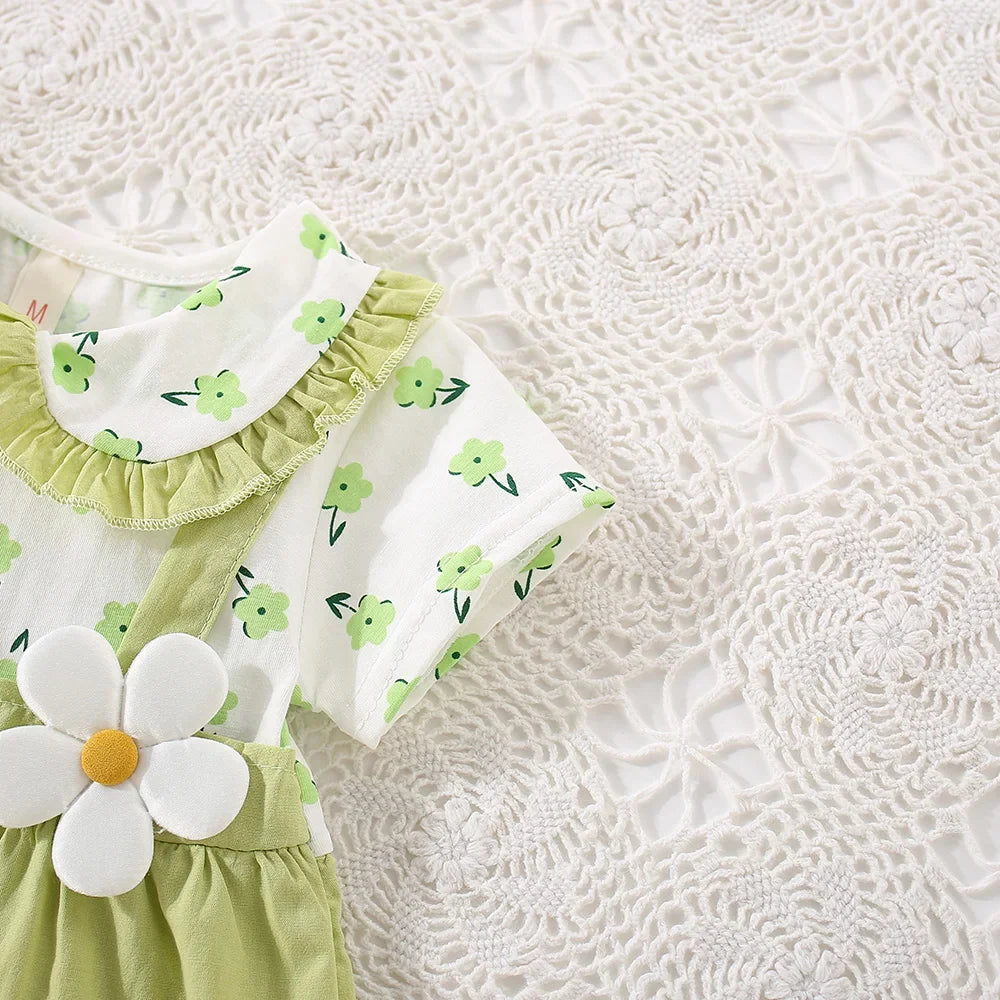(0-3 Years Old) Summer Baby Girl Cotton Flower Fake Two-Piece Shoulder Strap Dress Girl Cute Short Sleeved Dress