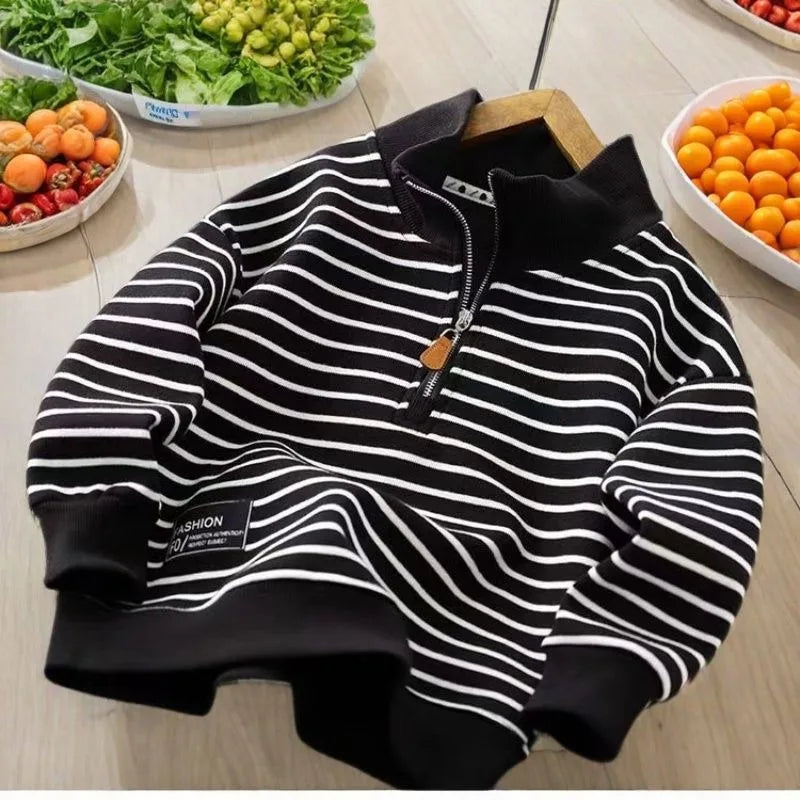 2025 New Boys' Medium-Large Lightweight Autumn Polo-Style Sweatshirt - Striped Half-Zip with Stand Collar & Lapel Top
