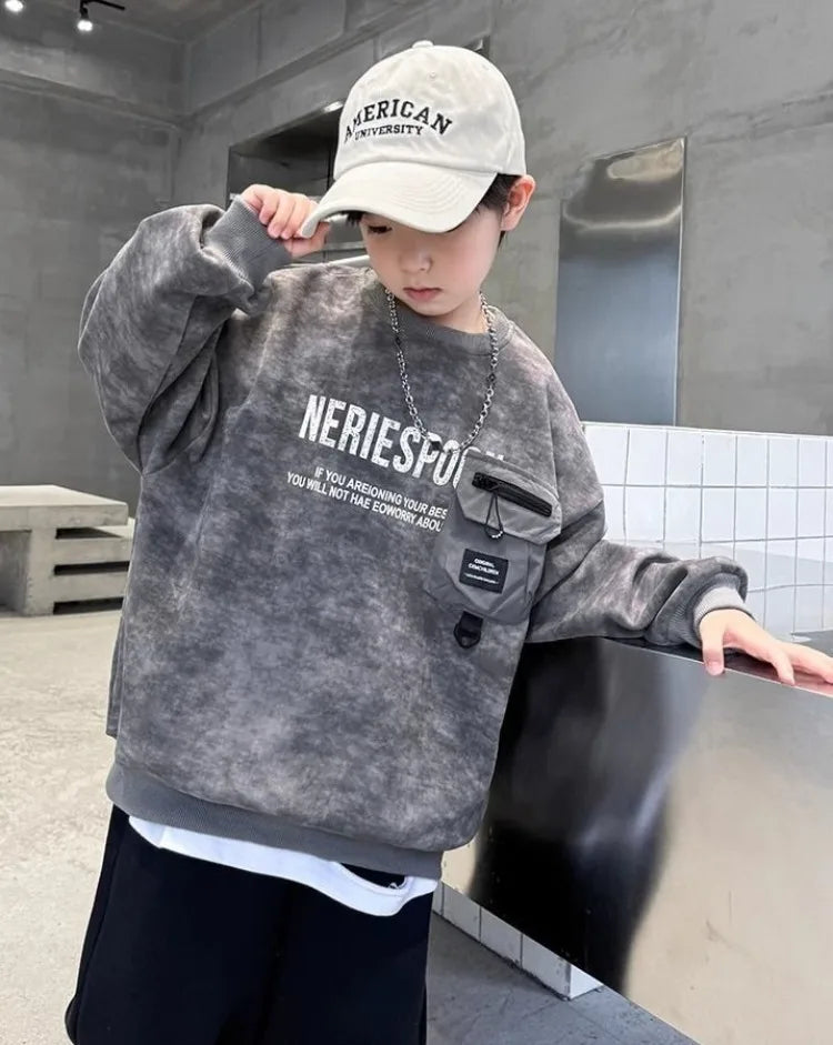 Boys' Middle/Big Kids 2025 New Spring/Autumn Long Sleeve Korean Style Edgy Loose Fit Sweatshirt Tops