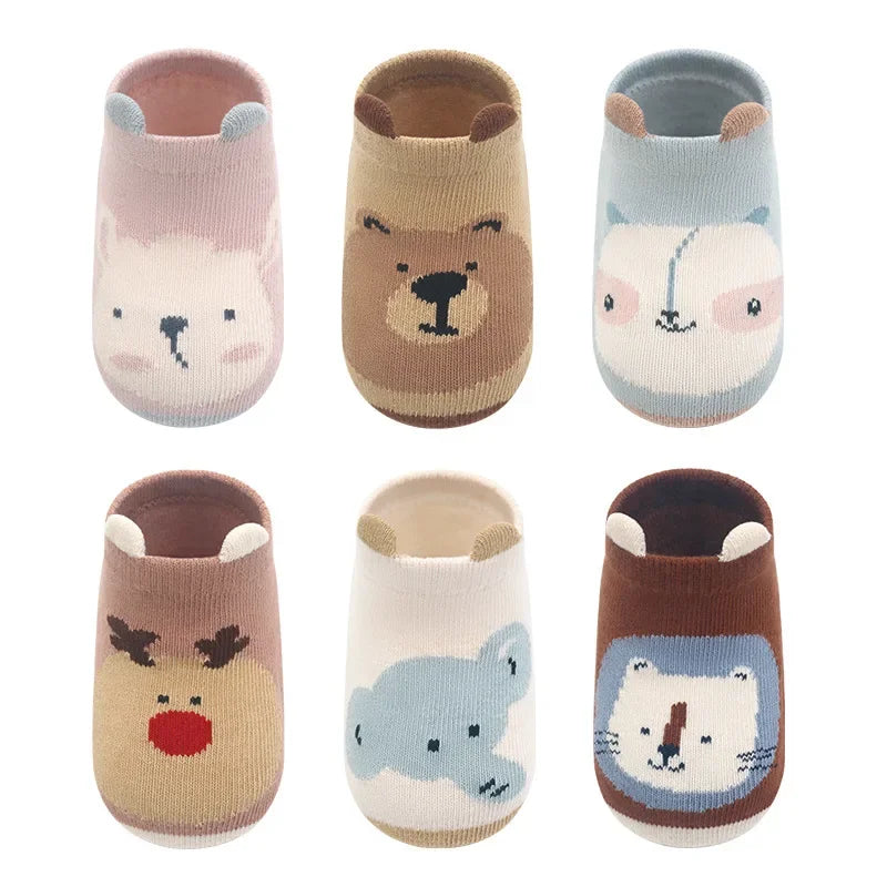 6 Pairs Kids Cotton Socks Non-slip Boys and Girls Cute Cartoon Animal Patterned Comfy Breathable Baby Floor Socks