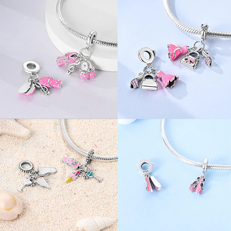 925 Sterling Silver Original Pink Ballet Shoes Charms Ballet Dancer Pendants For Women DIY Bead Fit Original Bracelet Necklace