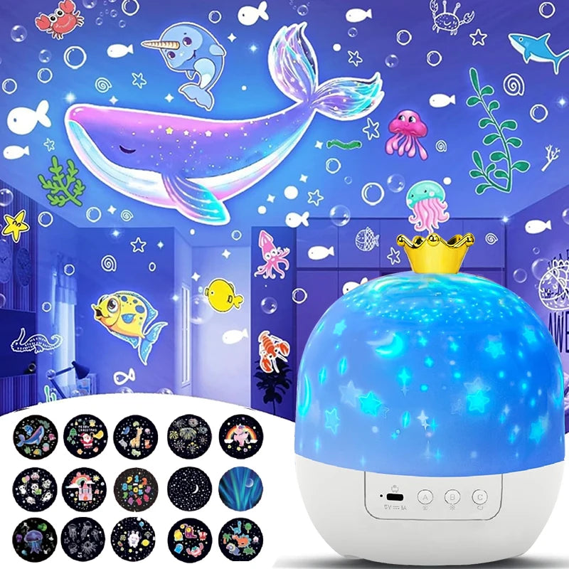 Crown Star Light Projection Rotating Star Bedroom Ceiling Atmosphere Night Lamp Stars Childrens Birthday Gift with Films Sheet