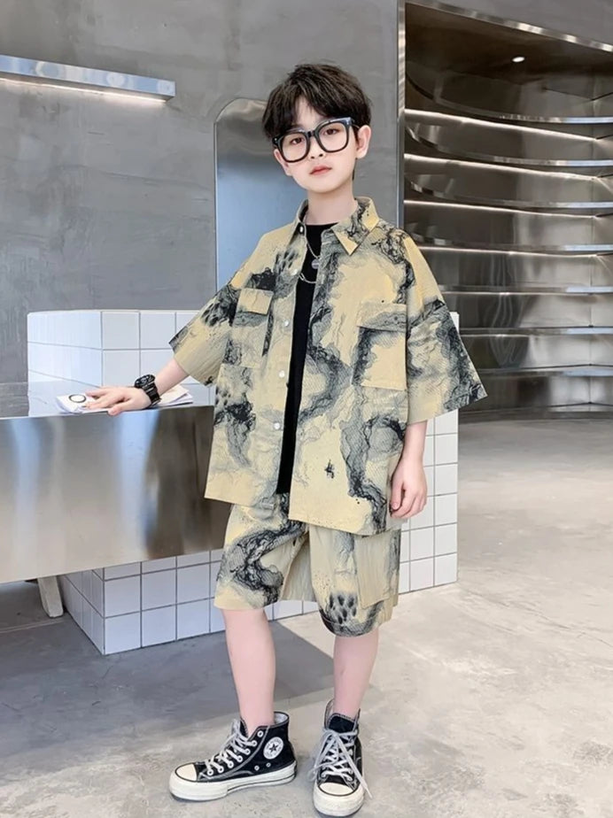 2025 Summer Boys Shirt Set Outfit | Casual Top & Bottom for 3-4 Years Old Kids | Size 7/8/10/14 Kids Clothing